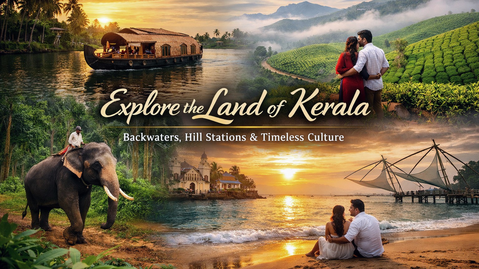 Kerala backwaters houseboat, Munnar tea hills, elephant, Kochi fishing nets and sunset beach scene.