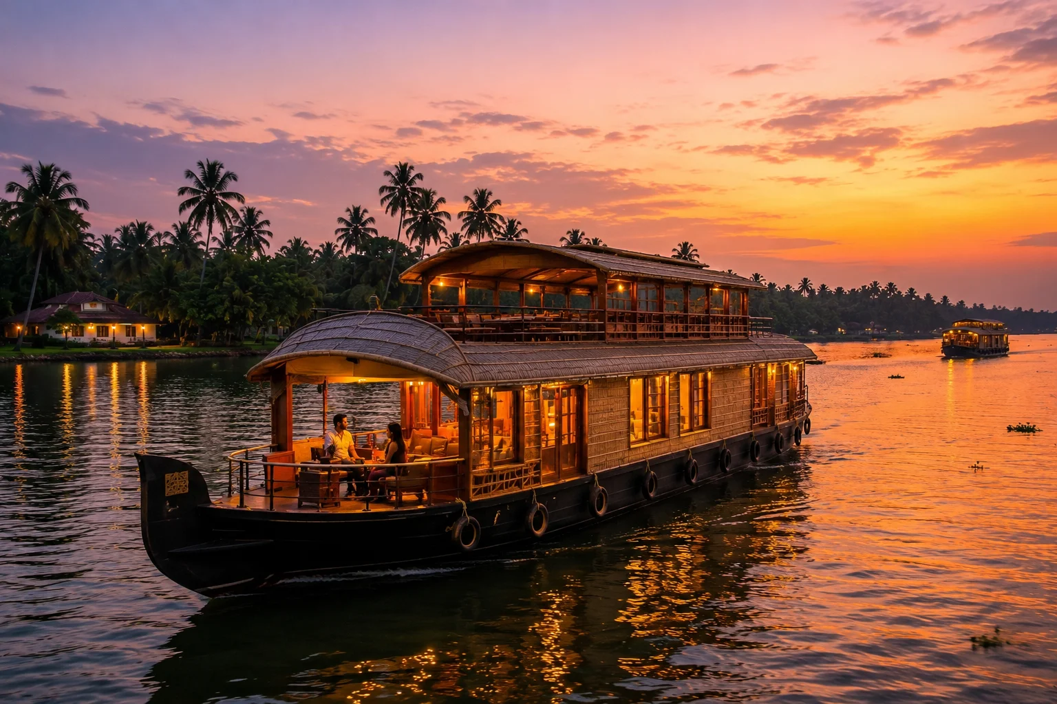 Experience an unforgettable honeymoon aboard a luxury houseboat cruising through the serene backwaters of Alleppey, Kerala.